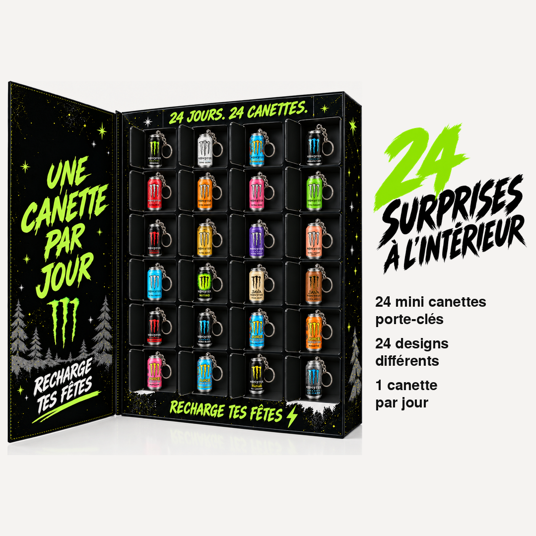 Calendrier de l'Avent Monster ouvert avec ses 24 mini canettes porte-clés