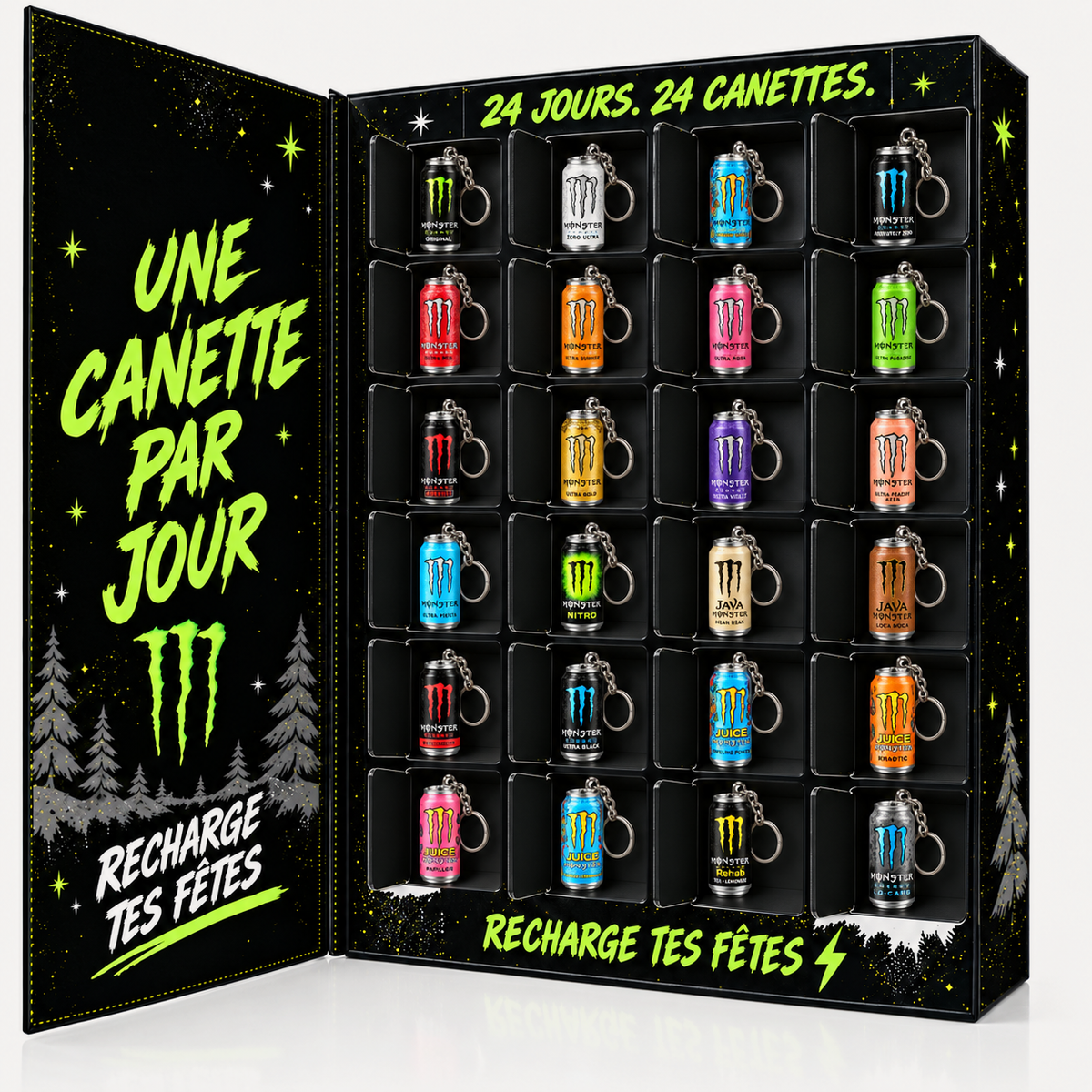 Calendrier de l'Avent Monster ouvert, 24 mini canettes porte-clés