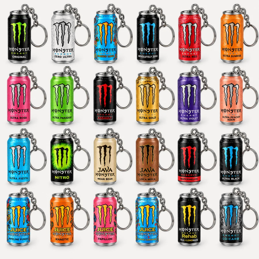 Les 24 mini canettes Monster porte-clés, toutes différentes